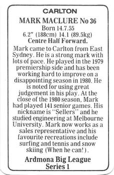 1981 Ardmona Big League Series 1 Carlton Blues (VFL) #NNO Mark Maclure Back